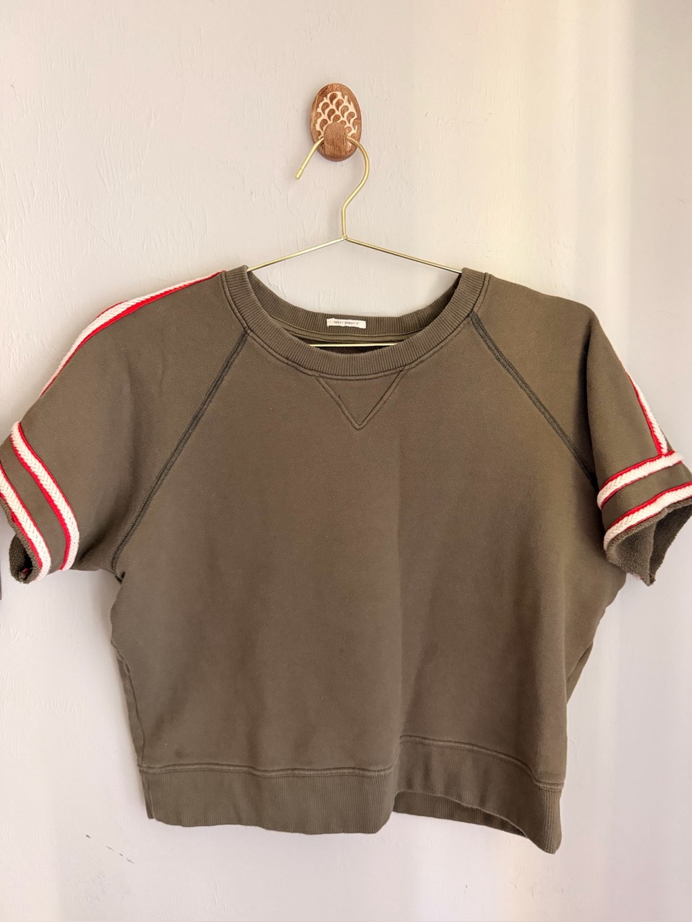 Mother Olive Green Short-Sleeve Sweatshirt with Red & White Trim